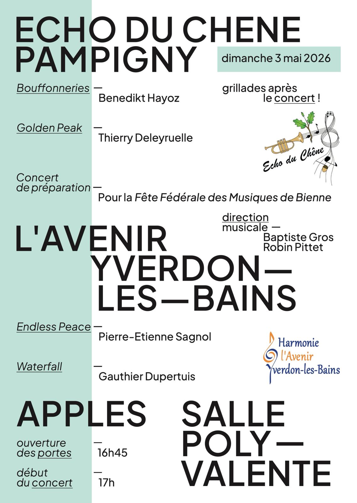 3 mai 2026 – Concert de préparation pour la Fête Fédérale de Musique avec l&rsquo;Echo du Chêne de Pampigny à Apples